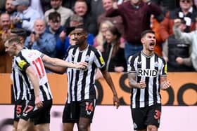 Bruno Guimaraes of Newcastle United celebrates after teammate Alexander Isak scores the team's third goal during the Premier League match between Newcastle United and Tottenham Hotspur at St. James Park on April 13, 2024 in Newcastle upon Tyne, England. (Photo by Stu Forster/Getty Images) (Photo by Stu Forster/Getty Images)