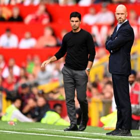 Mikel Arteta, Manager of Arsenal and Erik ten Hag, Manager of Manchester United