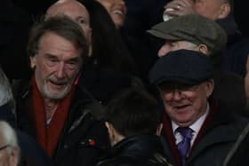 Sir Jim Ratcliffe of INEOS talks to Sir Alex Ferguson in the directors box ahead of the Premier League match between Manchester United and Tottenham Hotspur at Old Trafford