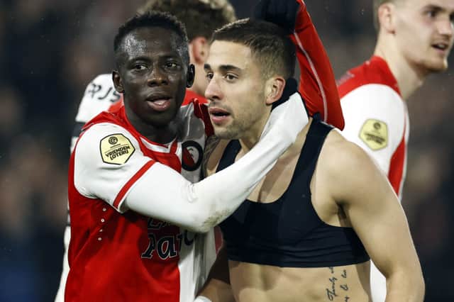 Yankuba Minteh, left, enjoyed a fruitful loan spell at Feyenoord. (Photo by MAURICE VAN STEEN/ANP/AFP via Getty Images)