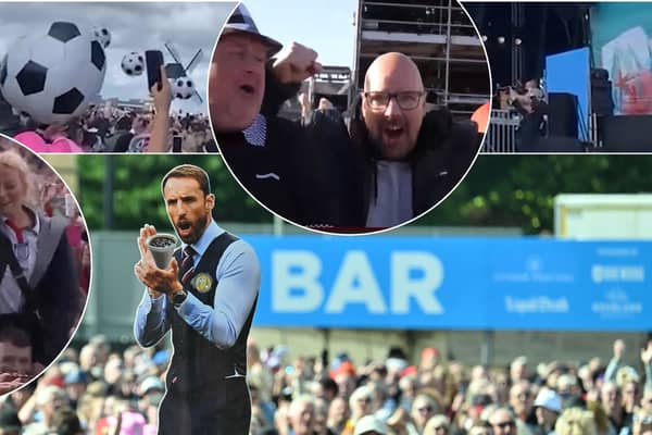 Crowd goes wild as Three Lions is played LIVE at Lytham Festival on the night of England FC's big win against Switzerland at Euro 2024. Credit: Dave Nelson Photography, inset: Lytham Festival, top: Luke Patrick