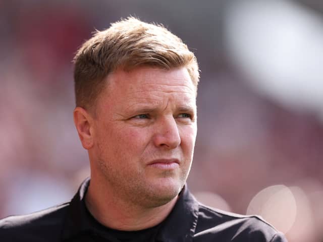 BRENTFORD, ENGLAND - MAY 19: Eddie Howe, Manager of Newcastle United, looks on prior to the Premier League match between Brentford FC and Newcastle United at Brentford Community Stadium on May 19, 2024 in Brentford, England. (Photo by Richard Heathcote/Getty Images)