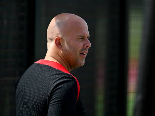 Arne Slot head coach of Liverpool during a pre-season friendly match between Liverpool and Preston North End at AXA Training Centre on July 19, 2024 in Kirkby, England. (Photo by Andrew Powell/Liverpool FC via Getty Images)