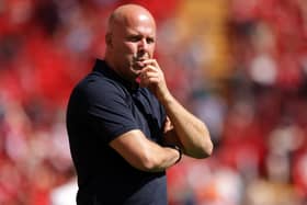 Liverpool manager Arne Slot looks on during the Pre-Season Friendly between Liverpool and Sevilla, at Anfield on August 11, 2024 in Liverpool, England. (Photo by Barrington Coombs/Getty Images)