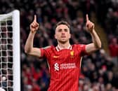 Diogo Jota of Liverpool celebrating after scoring the second goal during the Carabao Cup Third Round match between Liverpool and West Ham United at Anfield on September 25, 2024 in Liverpool, England. (Photo by Andrew Powell/Liverpool FC via Getty Images)