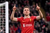 Diogo Jota of Liverpool celebrating after scoring the second goal during the Carabao Cup Third Round match between Liverpool and West Ham United at Anfield on September 25, 2024 in Liverpool, England. (Photo by Andrew Powell/Liverpool FC via Getty Images)