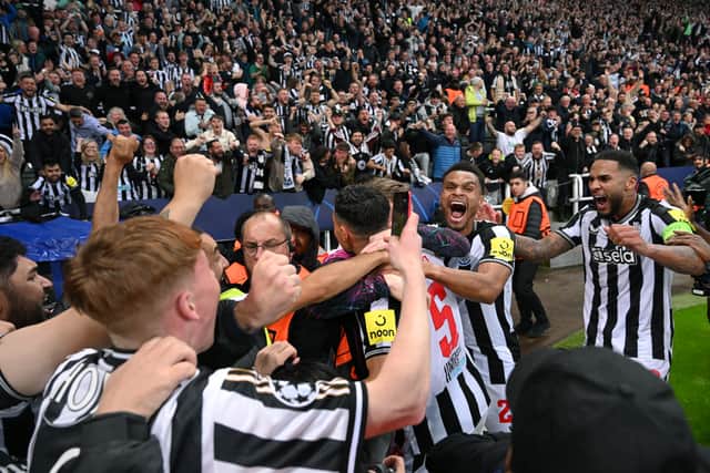 Newcastle United recorded their most memorable European victory of the 21st century by hammering French champions PSG.

Goals from boyhood Newcastle fans Dan Burn and Sean Longstaff were sandwiched between fine strikes from Miguel Almiron and Fabian Schar.