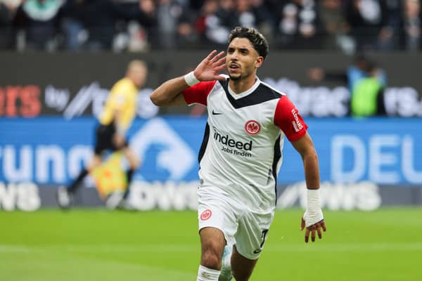 Omar Marmoush celebrates his 1-1 during the German first division Bundesliga football match between Eintracht Frankfurt and FC Bayern Munich. (Photo by DANIEL ROLAND/AFP via Getty Images)
