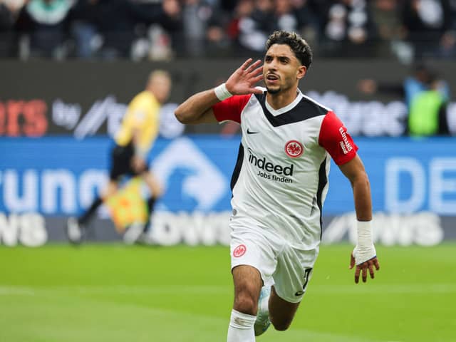 Omar Marmoush celebrates his 1-1 during the German first division Bundesliga football match between Eintracht Frankfurt and FC Bayern Munich. (Photo by DANIEL ROLAND/AFP via Getty Images)