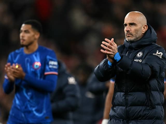 Chelsea's Italian head coach Enzo Maresca applauds the fans following the English Premier League football match between Liverpool and Chelsea at Anfield in Liverpool