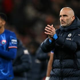 Chelsea's Italian head coach Enzo Maresca applauds the fans following the English Premier League football match between Liverpool and Chelsea at Anfield in Liverpool