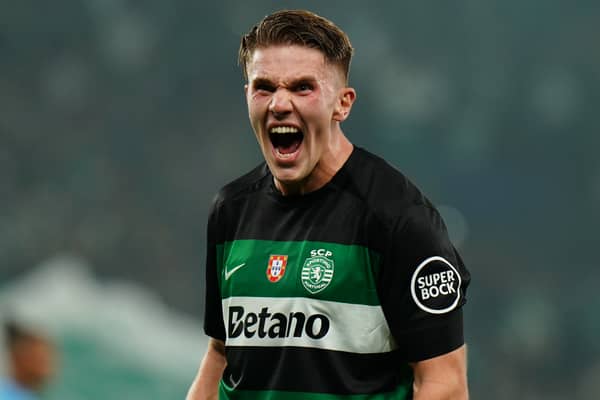 Viktor Gyokeres of Sporting CP celebrates after scoring a goal during the UEFA Champions League 2024/25 League Phase MD4 match between Sporting CP and Manchester City at Estadio Jose Alvalade on November 5, 2024 in Lisbon, Portugal.  (Photo by Gualter Fatia/Getty Images)