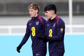 Anthony Gordon and Tino Livramento of England look on during a training session at St Georges Park on November 12, 2024 in Burton-upon-Trent, England. (Photo by Alex Livesey/Getty Images)