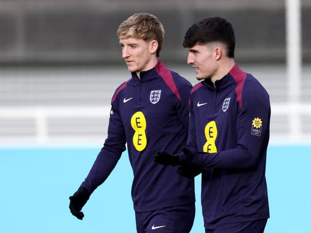 Anthony Gordon and Tino Livramento of England look on during a training session at St Georges Park on November 12, 2024 in Burton-upon-Trent, England. (Photo by Alex Livesey/Getty Images)