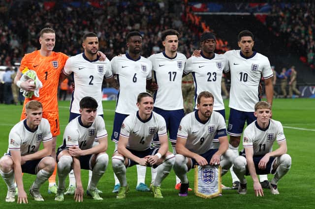 Lewis Hall (bottom left), Tino Livramento (second-bottom left) and Anthony Gordon (bottom right) pictured lining up for England