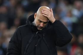 Pep Guardiola, Manager of Manchester City, reacts during the UEFA Champions League 2024/25 League Phase MD5 match between Manchester City and Feyenoord at City of Manchester Stadium on November 26, 2024 in Manchester, England. (Photo by Carl Recine/Getty Images)