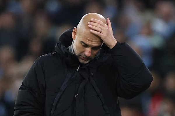 Pep Guardiola, Manager of Manchester City, reacts during the UEFA Champions League 2024/25 League Phase MD5 match between Manchester City and Feyenoord at City of Manchester Stadium on November 26, 2024 in Manchester, England. (Photo by Carl Recine/Getty Images)
