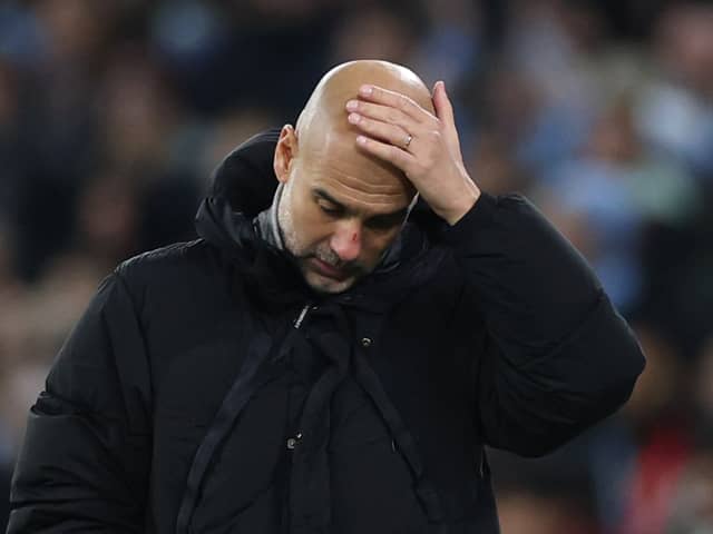 Pep Guardiola, Manager of Manchester City, reacts during the UEFA Champions League 2024/25 League Phase MD5 match between Manchester City and Feyenoord at City of Manchester Stadium on November 26, 2024 in Manchester, England. (Photo by Carl Recine/Getty Images)