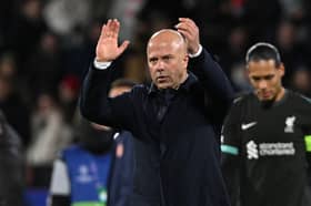 Arne Slot, Manager of Liverpool, acknowledges the fans after the UEFA Champions League 2024/25 League Phase MD6 match between Girona FC and Liverpool FC at Montilivi Stadium on December 10, 2024 in Girona, Spain. (Photo by Liverpool FC/Liverpool FC via Getty Images)