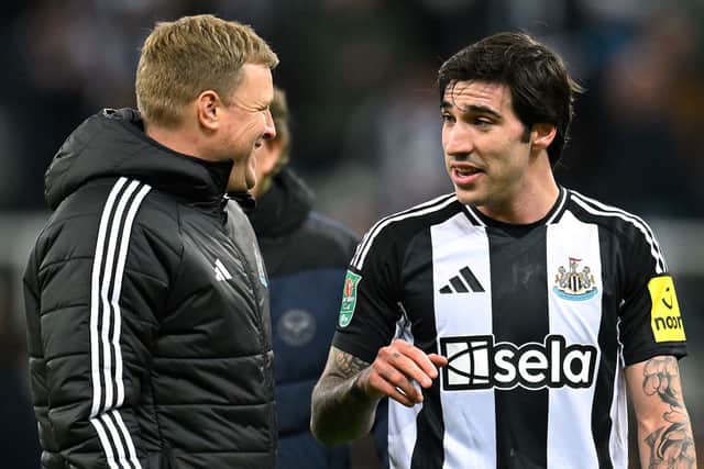 Eddie Howe, Manager of Newcastle United, and Sandro Tonali. (Photo by Michael Regan/Getty Images)