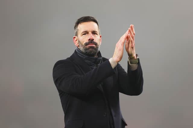 Ruud van Nistelrooy, Manager of Leicester City, shows appreciation to the fans following a loss in the Premier League match between Liverpool FC and Leicester City FC at Anfield on December 26, 2024 in Liverpool, England. (Photo by Jan Kruger/Getty Images)