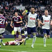Dominic Solanke of Tottenham Hotspur celebrates scoring his team's first goal with teammate Dejan Kulusevski during the Premier League match between Tottenham Hotspur FC and Newcastle United FC at Tottenham Hotspur Stadium on January 04, 2025 in London, England. (Photo by Shaun Botterill/Getty Images)