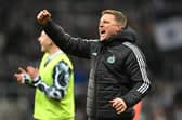 Eddie Howe, manager of Newcastle United, celebrates victory over Arsenal in the Carabao Cup semi-final second-leg at St. James' Park 