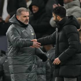 Tottenham Hotspur manager Ange Postecoglou with Manchester United boss Ruben Amorim