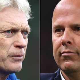 David Moyes, Manager of Everton (L) and Arne Slot, Manager of Liverpool . Liverpool