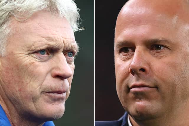 David Moyes, Manager of Everton (L) and Arne Slot, Manager of Liverpool . Liverpool