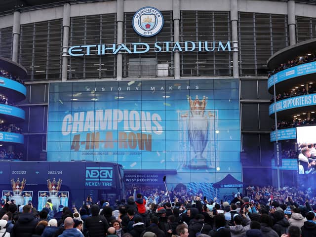 General view outside the stadium prior to the Premier League match between Manchester City FC and Liverpool FC at Etihad Stadium on February 23, 2025 in Manchester, England.