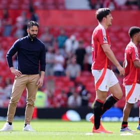 Ruben Amorim, Manager of Manchester United, looks dejected following the team's defeat during the Premier League match between Manchester United FC and West Ham United FC at Old Trafford on May 11, 2025 in Manchester, England.
