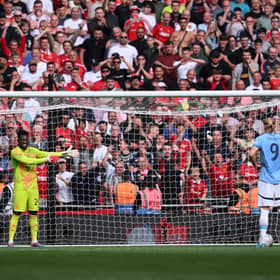 Andre Onana of Manchester United faces Manchester City's Erling Haaland during the 2024 Community Shield penalty shootout | Getty