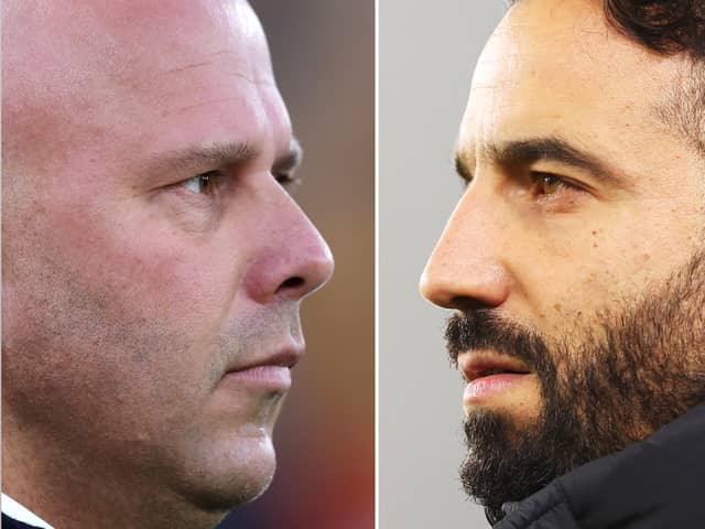 Arne Slot, Manager of Liverpool (L) and Ruben Amorim, Manager of Manchester United