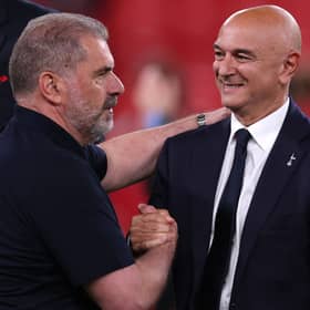 Ange Postecoglou celebrates with Tottenham chairman Daniel Levy after winning the Europa League | Getty Images