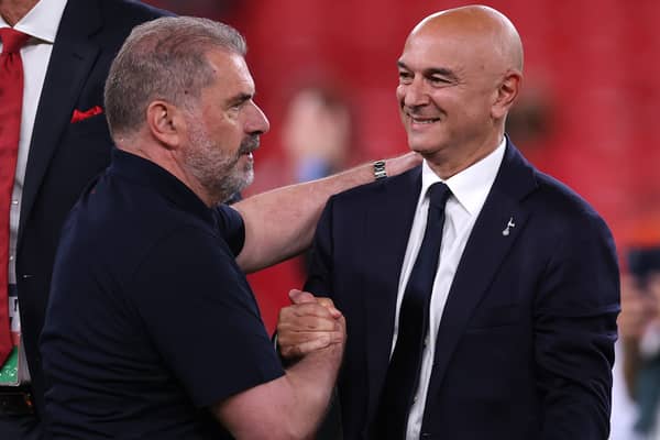 Ange Postecoglou celebrates with Tottenham chairman Daniel Levy after winning the Europa League | Getty Images
