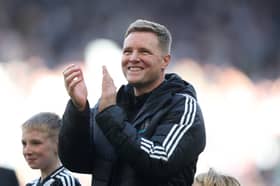 Eddie Howe, Manager of Newcastle United, applauds the fans following the Premier League match between Newcastle United FC and Everton FC at St James' Park on May 25, 2025 in Newcastle upon Tyne, England. (Photo by George Wood/Getty Images)