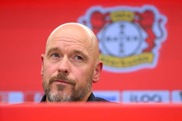 The new head coach of German Bundesliga team Bayer Leverkusen, Erik ten Hag delivers a press conference in Leverkusen, western Germany, on May 26, 2025. Hag will take over as head coach of German Bundesliga team Bayer Leverkusen, with a contract running until June 30, 2027, the club announced on May 26, 2025. (Photo by INA FASSBENDER / AFP) (Photo by INA FASSBENDER/AFP via Getty Images)    