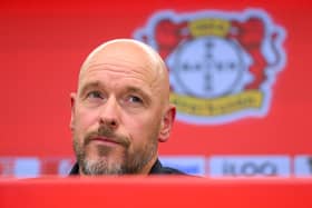 The new head coach of German Bundesliga team Bayer Leverkusen, Erik ten Hag delivers a press conference in Leverkusen, western Germany, on May 26, 2025. Hag will take over as head coach of German Bundesliga team Bayer Leverkusen, with a contract running until June 30, 2027, the club announced on May 26, 2025. (Photo by INA FASSBENDER / AFP) (Photo by INA FASSBENDER/AFP via Getty Images)    