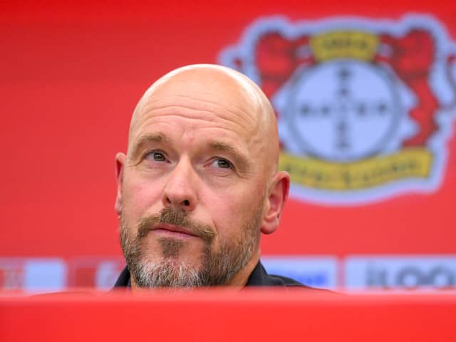 The new head coach of German Bundesliga team Bayer Leverkusen, Erik ten Hag delivers a press conference in Leverkusen, western Germany, on May 26, 2025. Hag will take over as head coach of German Bundesliga team Bayer Leverkusen, with a contract running until June 30, 2027, the club announced on May 26, 2025. (Photo by INA FASSBENDER / AFP) (Photo by INA FASSBENDER/AFP via Getty Images)    