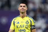 RIYADH, SAUDI ARABIA - APRIL 04: Cristiano Ronaldo of Al Nassr looks on prior to the Saudi Pro League match between Al Hilal v Al Nassr in the Kingdom Arena on April 04, 2025 in Riyadh, Saudi Arabia. (Photo by Yasser Bakhsh/Getty Images)