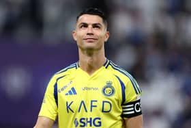 RIYADH, SAUDI ARABIA - APRIL 04: Cristiano Ronaldo of Al Nassr looks on prior to the Saudi Pro League match between Al Hilal v Al Nassr in the Kingdom Arena on April 04, 2025 in Riyadh, Saudi Arabia. (Photo by Yasser Bakhsh/Getty Images)