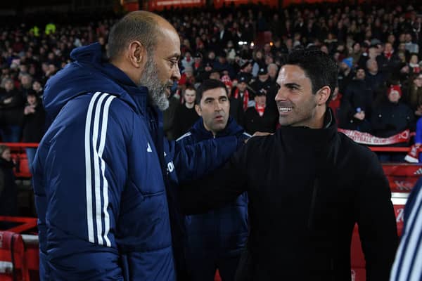 Mikel Arteta and Nuno Espirito Santo speak before a match between Nottingham Forest and Arsenal