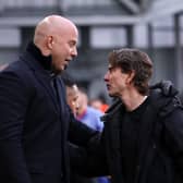 Arne Slot, Manager of Liverpool, interacts with Thomas Frank, Manager of Brentford, prior to the Premier League match between Brentford FC and Liverpool FC at Gtech Community Stadium on January 18, 2025 in Brentford, England. (Photo by Ryan Pierse/Getty Images)