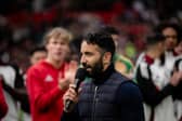 Manchester United Head Coach Ruben Amorim speaks to the fans at the end of the Premier League match between Manchester United FC and Aston Villa FC at Old Trafford on May 25, 2025 in Manchester, United Kingdom. (Photo by Ash Donelon/Manchester United via Getty Images)