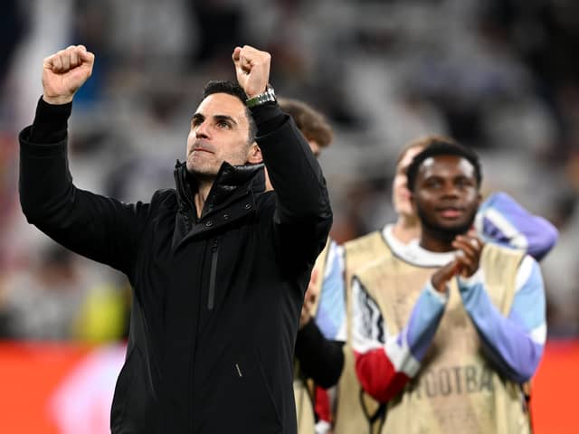 MADRID, SPAIN - APRIL 16: Mikel Arteta, Manager of Arsenal, celebrates victory following the UEFA Champions League 2024/25 Quarter Final Second Leg match between Real Madrid C.F. and Arsenal FC at Estadio Santiago Bernabeu on April 16, 2025 in Madrid, Spain. (Photo by David Price/Arsenal FC via Getty Images)