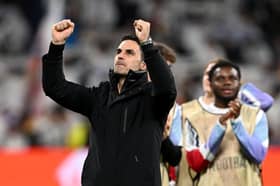MADRID, SPAIN - APRIL 16: Mikel Arteta, Manager of Arsenal, celebrates victory following the UEFA Champions League 2024/25 Quarter Final Second Leg match between Real Madrid C.F. and Arsenal FC at Estadio Santiago Bernabeu on April 16, 2025 in Madrid, Spain. (Photo by David Price/Arsenal FC via Getty Images)