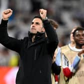 MADRID, SPAIN - APRIL 16: Mikel Arteta, Manager of Arsenal, celebrates victory following the UEFA Champions League 2024/25 Quarter Final Second Leg match between Real Madrid C.F. and Arsenal FC at Estadio Santiago Bernabeu on April 16, 2025 in Madrid, Spain. (Photo by David Price/Arsenal FC via Getty Images)