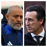 Nuno Espirito Santo, manager of Nottingham Forest, and Unai Emery, manager of Aston Villa, look on.