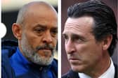 Nuno Espirito Santo, manager of Nottingham Forest, and Unai Emery, manager of Aston Villa, look on.